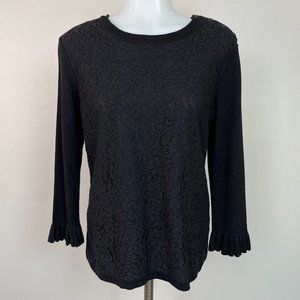 Karl Lagerfeld Sweater XS Black Lace Overlay 3/4 Sleeve Pullover Women's